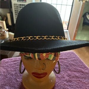 Black Wide-Brim Hat with Gold Chain Accent